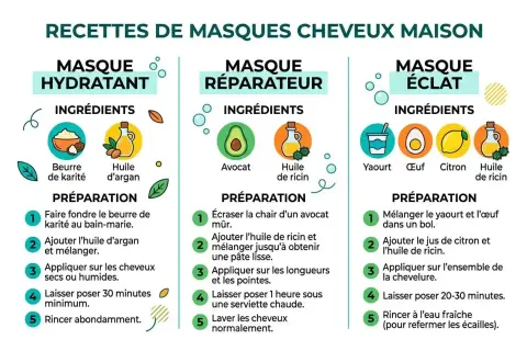 Recettes de masques cheveux maison : hydratant (beurre de karité, huile d'argan), réparateur (avocat, huile de ricin), éclat (yaourt, œuf, citron, huile de ricin).