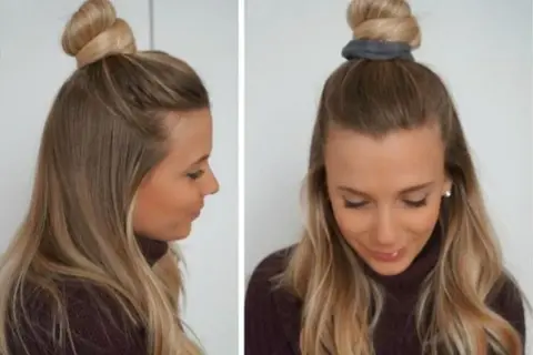Coiffure facile : un chignon haut sur cheveux mi-longs, avec une mèche torsadée. Parfait pour un look rapide et chic.