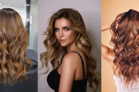 Trois vues de cheveux ondulés aux reflets subtils de mèches blondes et caramel, apportant profondeur et éclat.