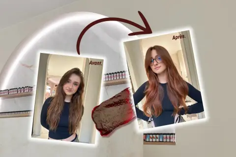 Avant/Après : une jeune femme aux cheveux châtains obtient une coloration fugace, des mèches rousses éclatantes.
