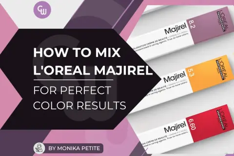 Apprenez le dosage couleur Majirel et oxydant pour des résultats parfaits. Trois tubes de coloration L'Oréal Majirel (8.2, 5.3, 6.60) sont visibles.