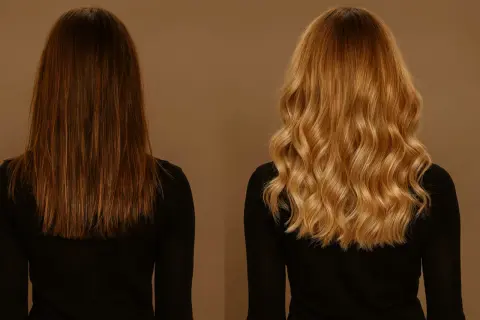 Avant/après : coloration sur cheveux décolorés, passant d'un brun foncé à un blond doré ondulé.