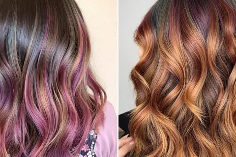 Chevelures ondulées aux reflets roses et cuivrés, une tendance meches cheveux audacieuse et vibrante.