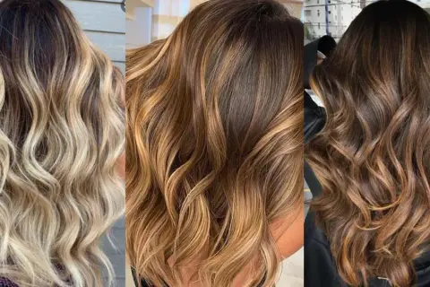Trois chevelures ondulées aux reflets subtils, résultat d'un balayage avec une coloration réussie.
