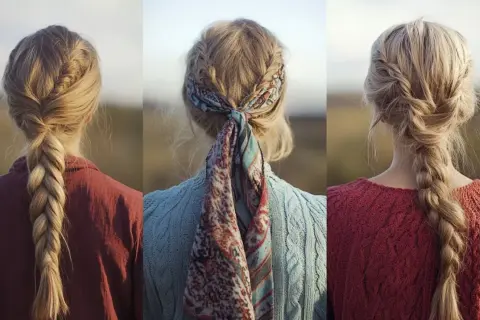 Trois vues de dos de cheveux blonds tressés. Une tresse simple, une tresse avec un foulard, et une tresse plus lâche.