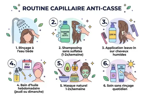 Routine capillaire anti-casse : rinçage, shampooing sans sulfates, leave-in, bain d'huile, masque naturel, soin quotidien. Aide à lutter contre les cheveux cassants, signe d'une carence.