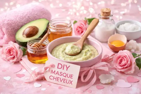 Un bol de masque cheveux maison à l'avocat et au miel, avec des roses roses et des cœurs.