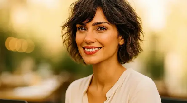Une femme souriante avec une coupe bixie ondulée, des boucles d'oreilles discrètes et un chemisier clair.