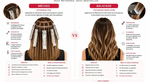 La coloration pointe cheveux par mèches ou balayage offre des résultats variés. Le balayage crée un effet naturel et ensoleillé.