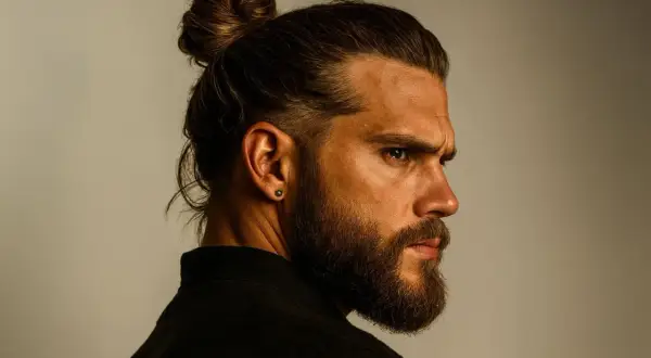 Un homme au regard intense arbore un chignon dégradé, une coupe homme tendance. Sa barbe fournie complète ce style audacieux.