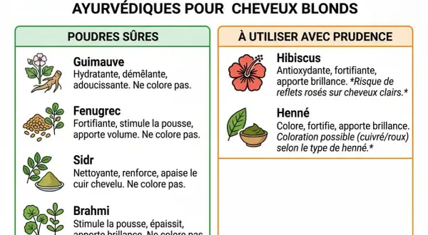 Tableau des poudres ayurvédiques pour cheveux blonds : Guimauve, Fenugrec, Sidr, Brahmi (sûres). Hibiscus et Henné (à utiliser avec prudence).