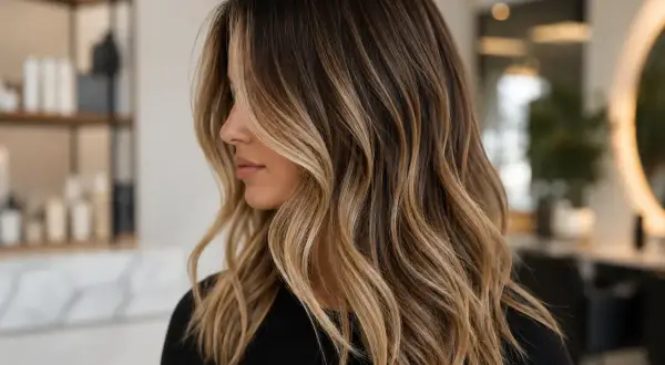 Magnifique balayage caramel pour cacher cheveux blancs, des mèches subtiles qui illuminent la chevelure brune.