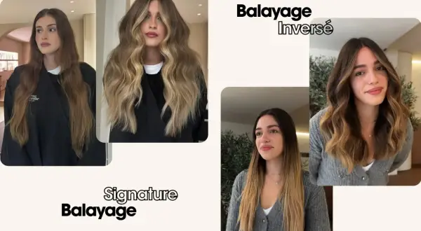 Avant/après d'un balayage blanc subtil sur cheveux bruns, créant un contraste naturel et lumineux.