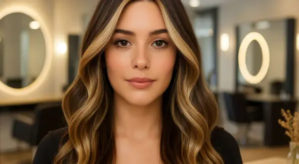 Un visage de femme avec un contouring cheveux subtil, des mèches blondes illuminent sa chevelure brune ondulée.