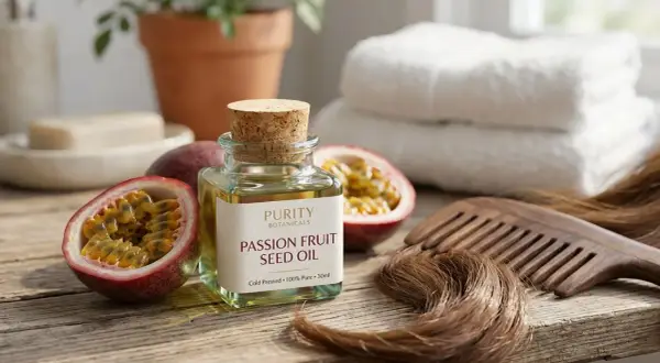 Huile de pépins de fruit de la passion pour hydrater les cheveux. Une bouteille d'huile, des fruits de la passion coupés, un peigne et des cheveux sur une surface en bois.