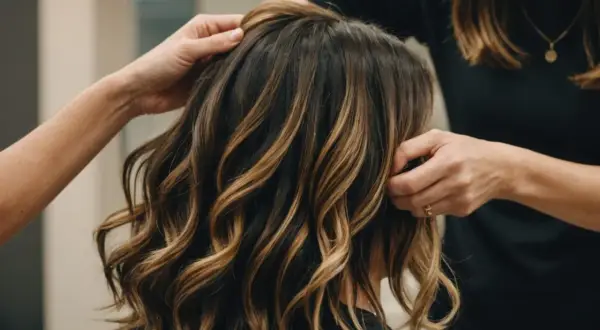 Une coiffeuse ajuste une chevelure mi-longue aux reflets blonds, un balayage racine foncé subtil rehausse la profondeur naturelle.