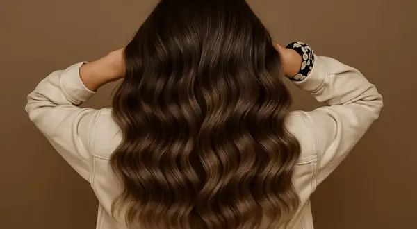 Chevelure brune ondulée avec un subtil effet smoky, mise en valeur par une veste beige.