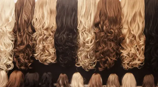 Une rangée de perruques aux ondulations douces, offrant un magnifique mélange couleur cheveux, du blond platine au brun profond.