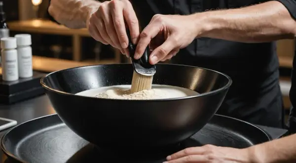 Mélange de poudre décolorante et d'oxydant dans un bol noir. Le bon ratio est essentiel pour une décoloration parfaite.