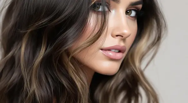 Une femme aux cheveux bruns avec des reflets blonds, un exemple de comment eclaircir cheveux noir pour un look subtil et lumineux.