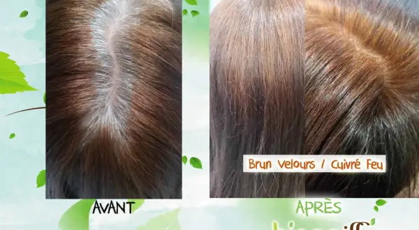 Avant/Après : des cheveux bruns avec des mèches blanches transformés en une teinte "Brun velours / Cuivré Feu" éclatante.