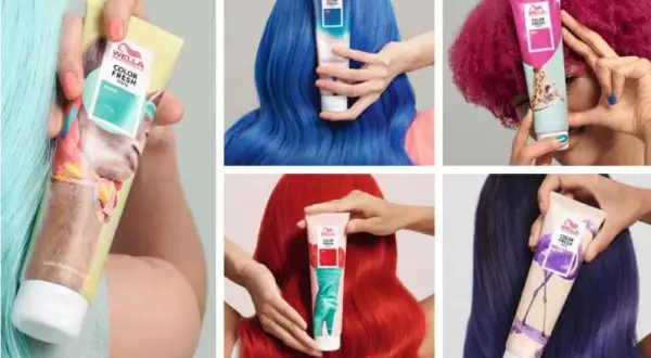 Avant après Wella Color Fresh Mask : des cheveux bleus, roses, rouges et violets éclatants.