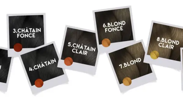 Échantillons de couleurs de cheveux, du noir au blond très clair. Découvrez la hauteur de ton idéale pour vos cheveux.