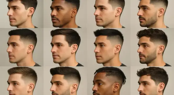 Douze hommes aux cheveux courts, présentés de profil, montrent diverses coupes de cheveux modernes.