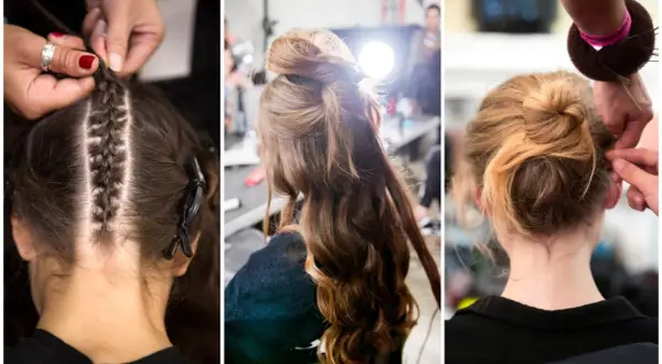 Trois étapes d'une coiffure cheveux long attaché : tresses, chignon haut, chignon bas.