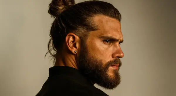 Un homme avec une barbe et un chignon, rappelant une coiffure année 90.