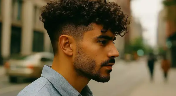 Un homme avec une coupe cheveux ondulés naturel, dégradé sur les côtés, regardant au loin dans une rue animée.