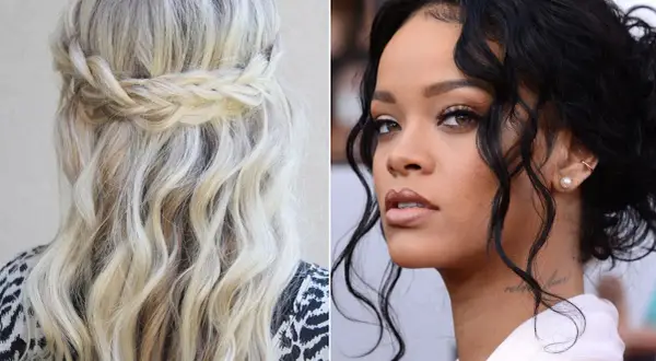 Coiffure cheveux bouclés avec tresse : une tresse couronne sublime des boucles blondes ondulées. À droite, Rihanna arbore des boucles sombres et une tresse discrète.