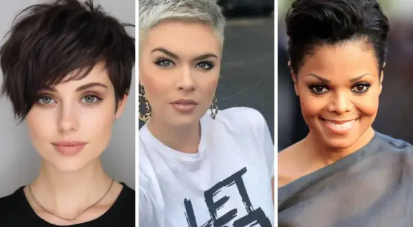 Trois femmes arborent des coupes de cheveux courtes, dont une avec un côté rasé.
