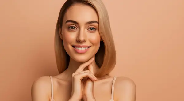 Une femme souriante avec des cheveux blonds lisses, parfaite pour une routine cheveux lisse.