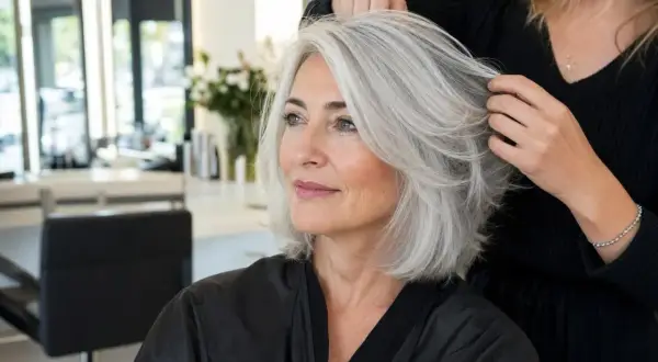 Une femme aux cheveux gris argentés, une couleur qui ne prend pas sur cheveux blancs, est coiffée dans un salon de beauté.