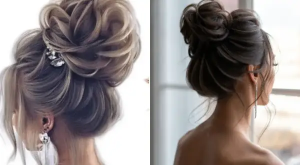 Deux coiffures élégantes : un chignon haut flou orné d'une épingle à cheveux scintillante et un autre chignon haut flou, plus simple, sur une femme regardant par la fenêtre.