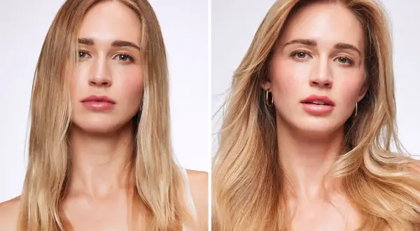 Avant/après : une femme aux cheveux blonds fins avant, et après, ses cheveux sont visiblement plus volumineux et épais. Une transformation pour savoir comment épaissir cheveux.