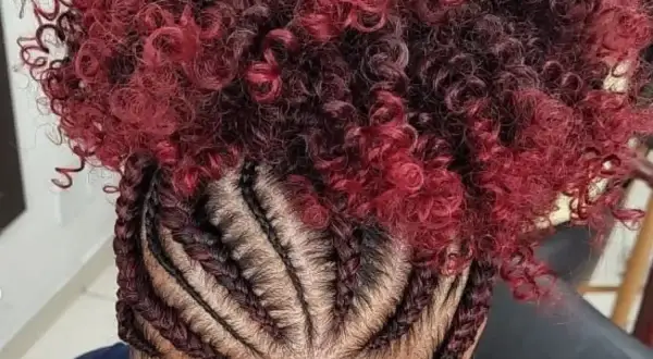 Tresses collées sur le cuir chevelu, contrastant avec une chevelure bouclée rouge et noire.