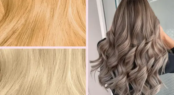 Chevelure ondulée aux reflets blonds cendrés, évoquant une patine L'Oréal, avec des échantillons de mèches blondes.