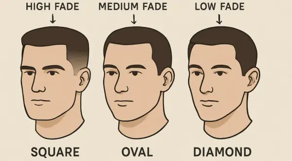 Trois visages masculins illustrent les dégradés tendance : high, medium et low fade, adaptés aux formes de visage carrée, ovale et diamant.