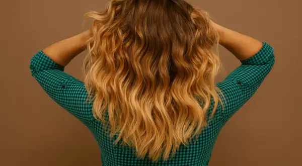 Vue arrière d'une femme aux cheveux mi-longs, ondulés, avec des reflets blonds. Une mini vague se dessine dans sa chevelure.