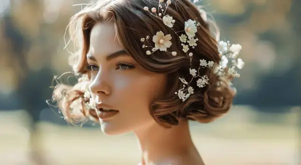 Coiffure mariage cheveux carré ondulé orné de fleurs et perles délicates, pour un look romantique et intemporel.