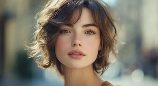 Jeune femme au regard doux, ses cheveux châtains forment un **carré court** ondulé.