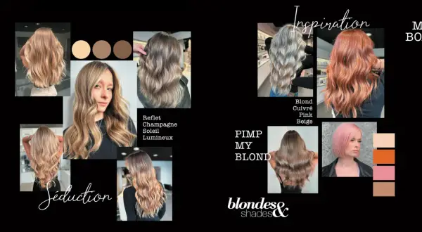 Collage de photos de cheveux blonds aux reflets variés, allant du champagne au cuivré, avec des échantillons de couleurs.