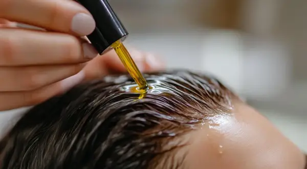 Une main applique de l'huile sur les cheveux, montrant comment mettre de l'huile sur les cheveux pour un soin nourrissant.