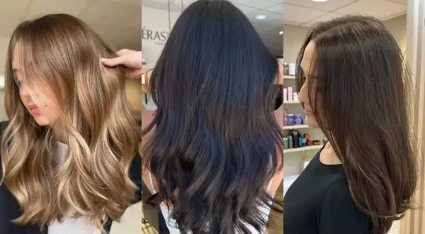 Trois femmes aux cheveux longs et soyeux. Une blonde avec des reflets subtils, une brune intense et une châtain aux nuances naturelles.