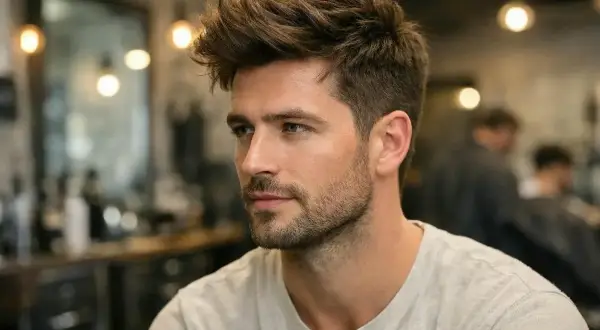 Un homme avec une coupe homme cheveux épais, un style texturé et moderne, dans un salon de coiffure.