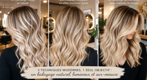 Trois femmes arborent des balayages blonds variés : AirTouch naturel, Babylight subtil, et Contouring personnalisé. Un look lumineux pour chaque femme.