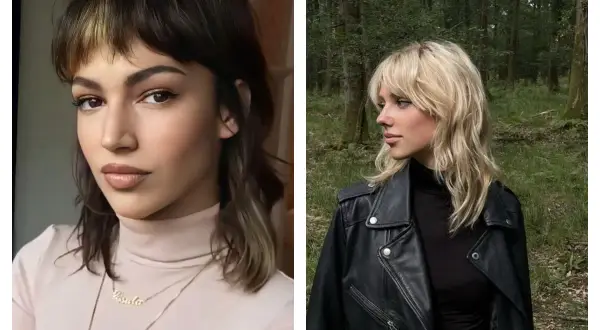 Deux femmes arborent une coupe wolf femme tendance, l'une avec des mèches blondes, l'autre en extérieur avec un blouson en cuir.