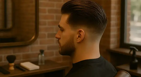 Homme avec cheveux sur le côté, coiffure dégradée et soignée, dans un salon de coiffure au style rétro.